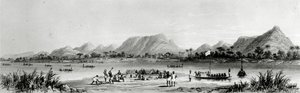 Montagnes et canoës de marché près de Bokwen, de 